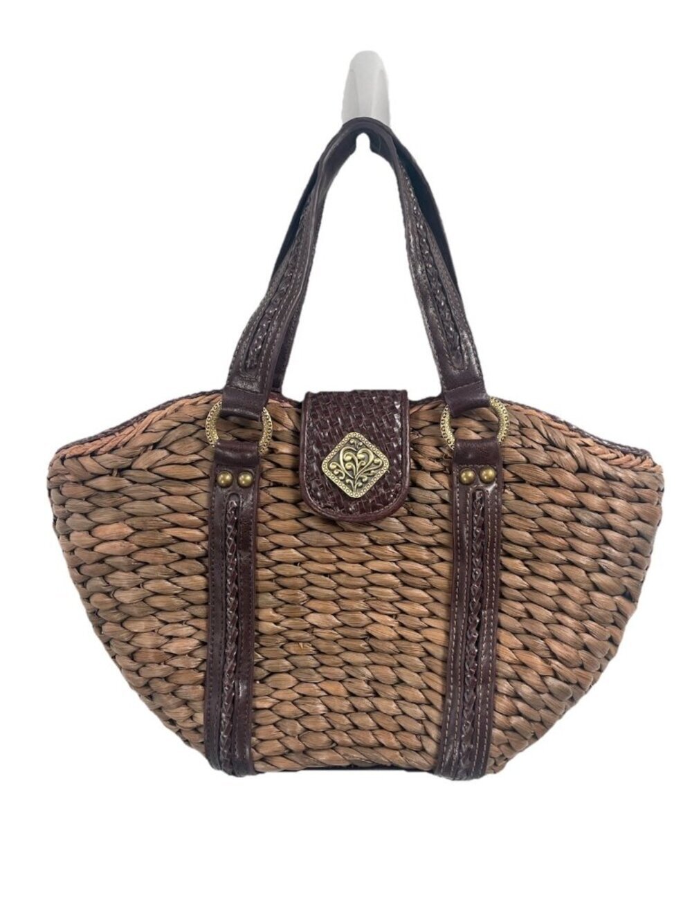 Coldwater Creek Woven Wicker Basket Purse Brown Leather Trim Boho Artisanal